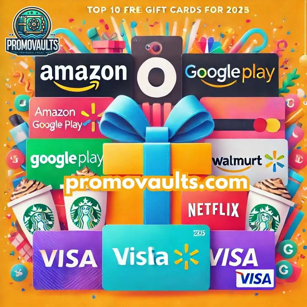 A colorful image showcasing the top 10 free gift cards for 2025, including Amazon, Google Play, Walmart, Starbucks, Netflix, and Visa, with celebratory elements like confetti and gift boxes.