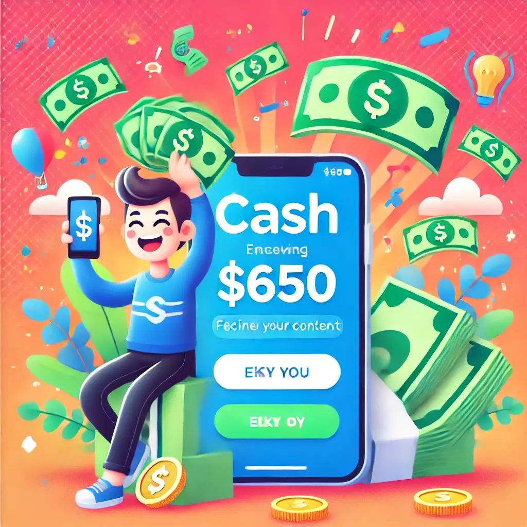A happy person holding $650 cash while using the Cash App interface, with a celebratory background of confetti and dollar signs. Secure and fast contest for winning $650 cash.