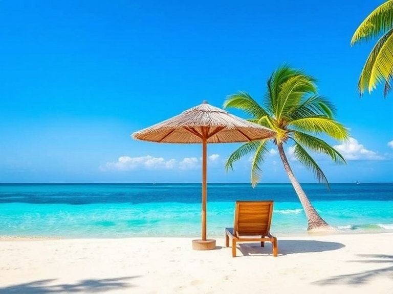 Tropical Caribbean beach with crystal-clear water, white sand, and palm trees – promoting a free vacation sweepstakes for two.